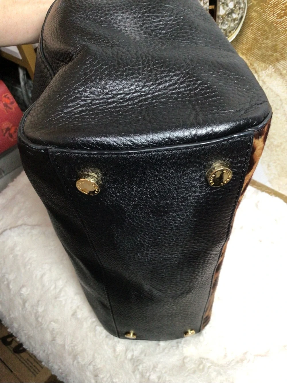 Michael Kors Leopard-Print Calf Hair Satchel in Brown/Black with Gold Hardware